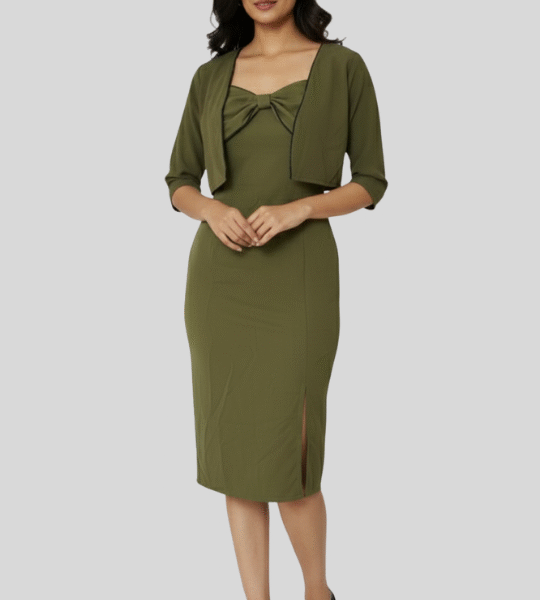 Green Bodycon Dress with Bow Detail & Shrug