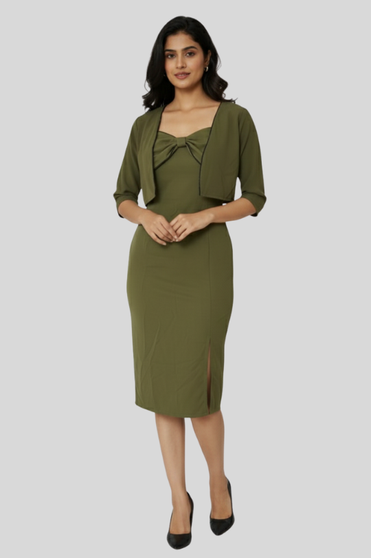 Green Bodycon Dress with Bow Detail & Shrug
