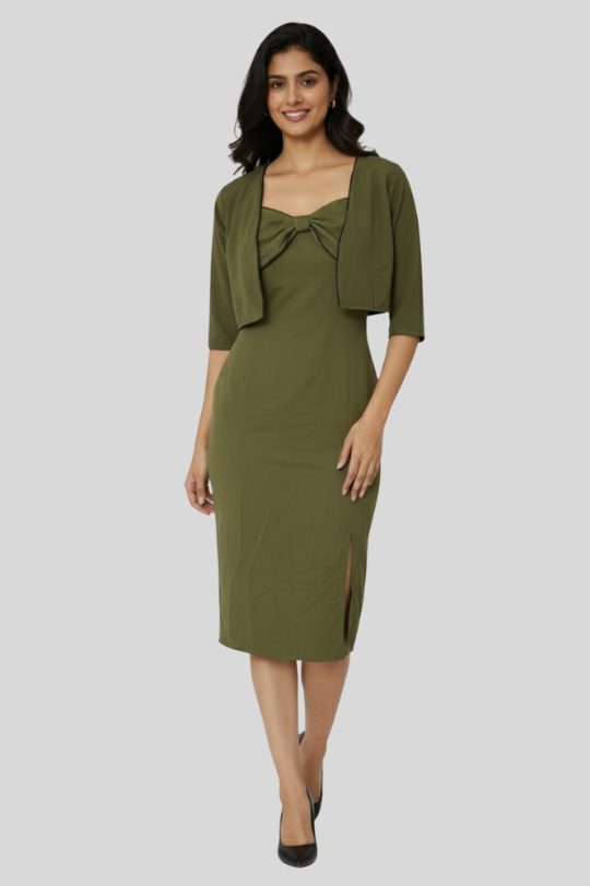 Second image of Green Bodycon Dress with Bow Detail & Shrug