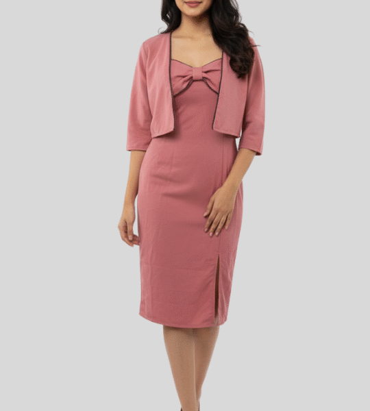 Elegant Pink Bodycon Dress with Bow Detail & Shrug