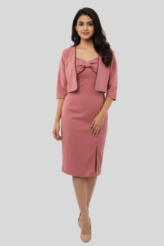 Elegant Pink Bodycon Dress with Bow Detail & Shrug