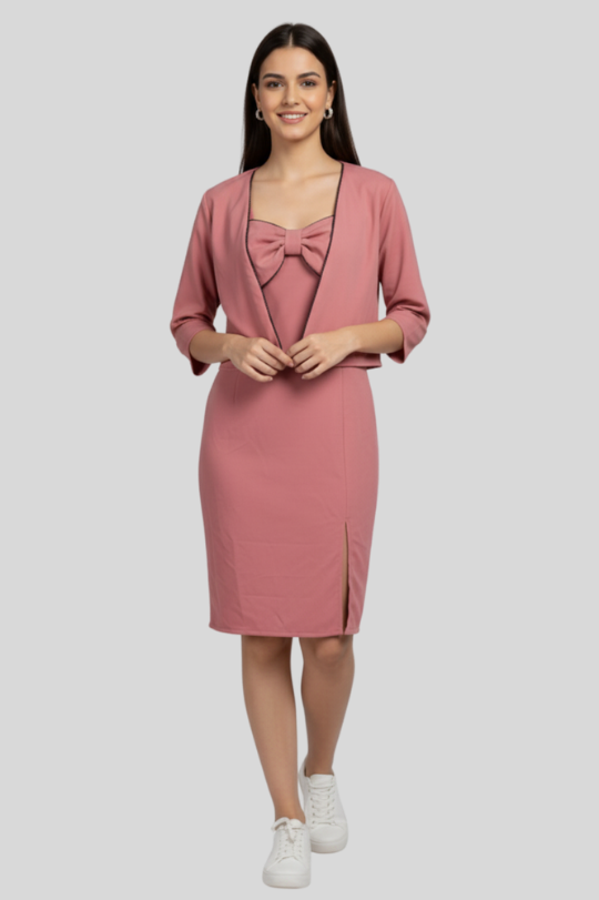 Second image of Elegant Pink Bodycon Dress with Bow Detail & Shrug