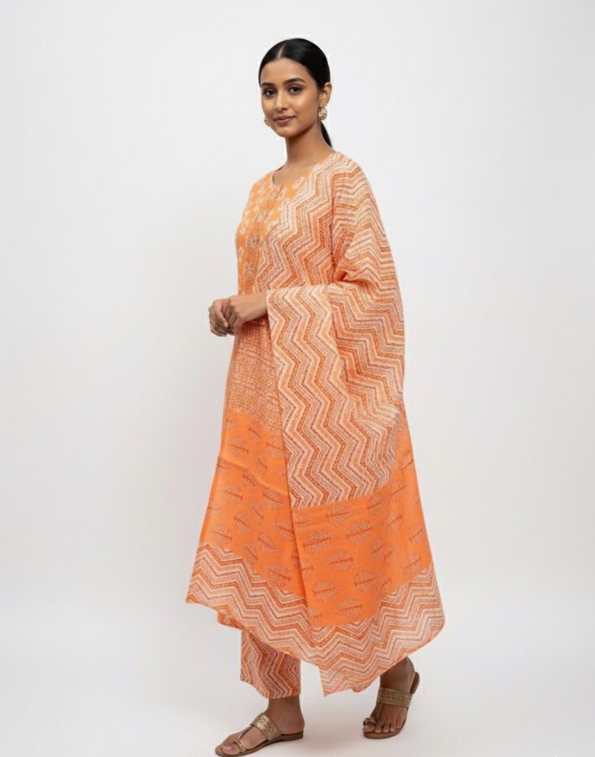 Second image of Pure Cotton Kurta Palazzo Dupatta Set