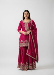 Pink Embroidered Kurta Sharara Set with Dupatta for Women | Festive & Party Wear