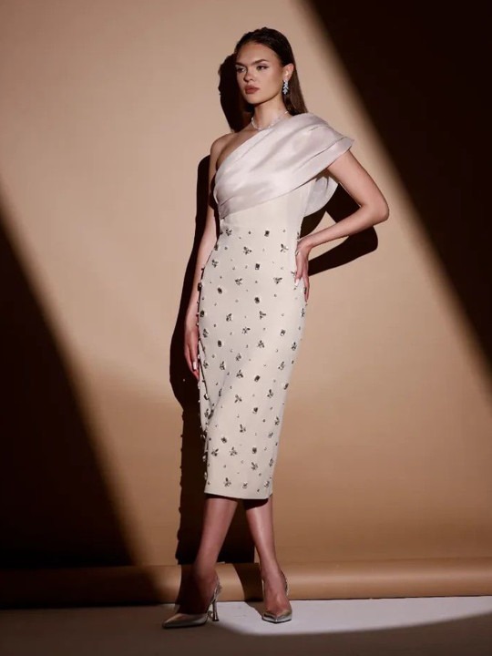Second image of Embellished One Shoulder Sheath Midi Dress