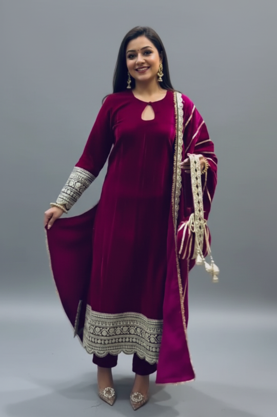 Second image of New Designer Velvet Top & Pant Set with Fancy Dupatta – Winter Collection