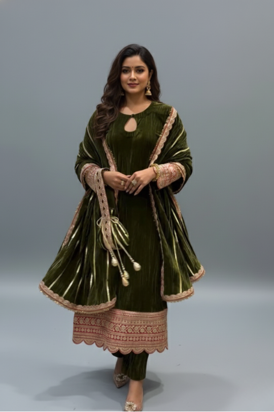 Second image of Velvet Top & Pant Set with Dupatta – Winter Collection