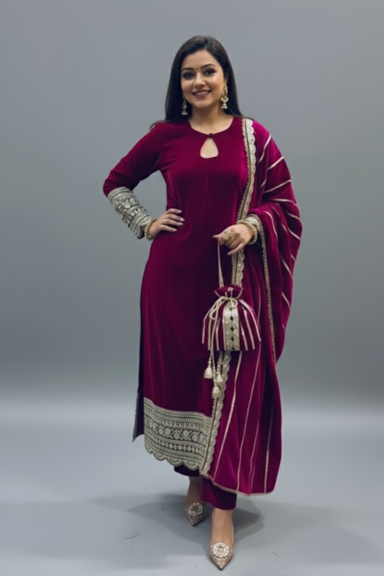 New Designer Velvet Top & Pant Set with Fancy Dupatta – Winter Collection