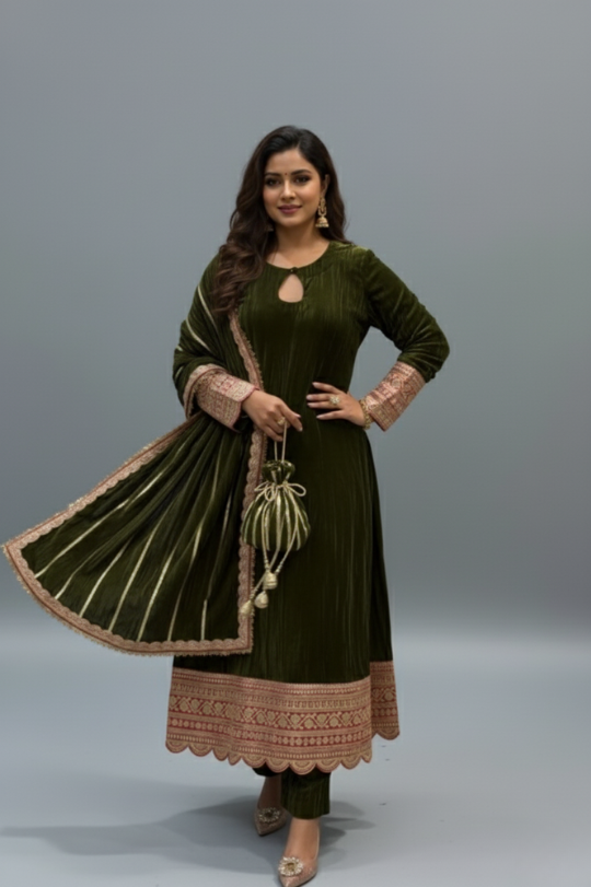 Velvet Top & Pant Set with Dupatta – Winter Collection