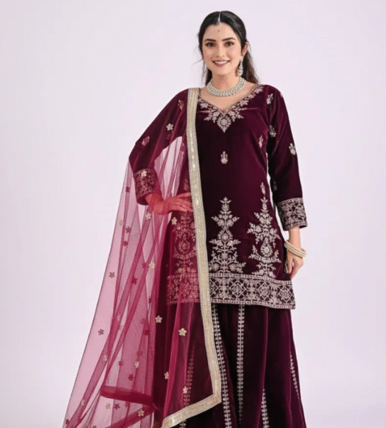 Velvet Top with Sharara Palazzo & Dupatta Set – Luxury Winter Edition