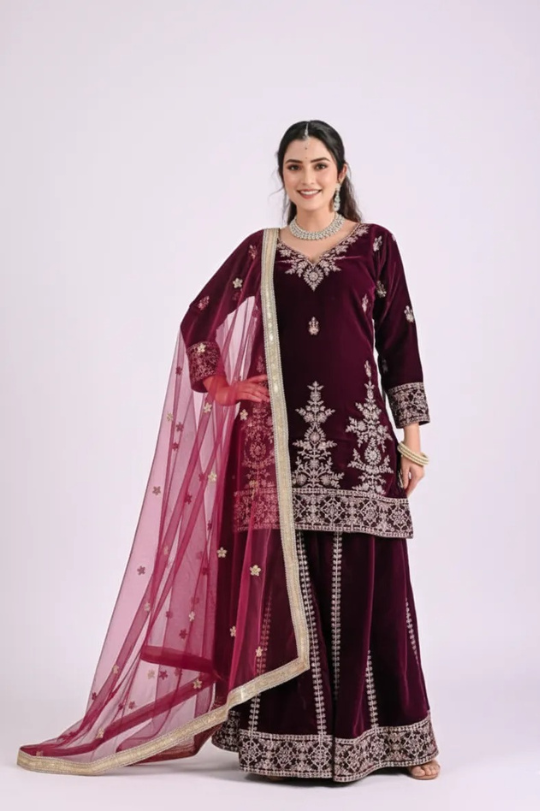 Velvet Top with Sharara Palazzo & Dupatta Set – Luxury Winter Edition