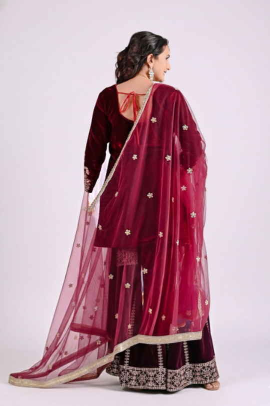 Second image of Velvet Top with Sharara Palazzo & Dupatta Set – Luxury Winter Edition