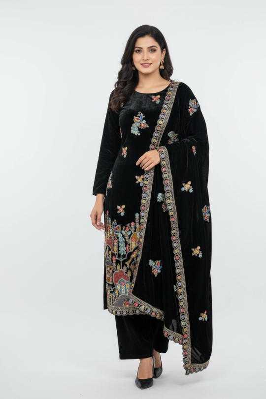 Velvet Suit Set with Embroidered Dupatta – Winter Glam Collection