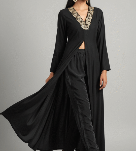 Elegant Winter Velvet Suit Set with Embroidered Neckline & Front Slit