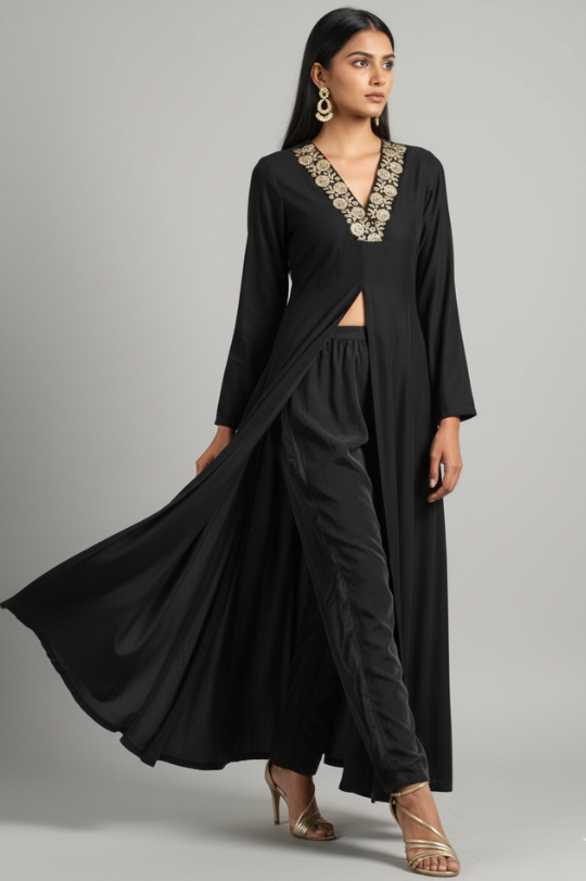 Elegant Winter Velvet Suit Set with Embroidered Neckline & Front Slit