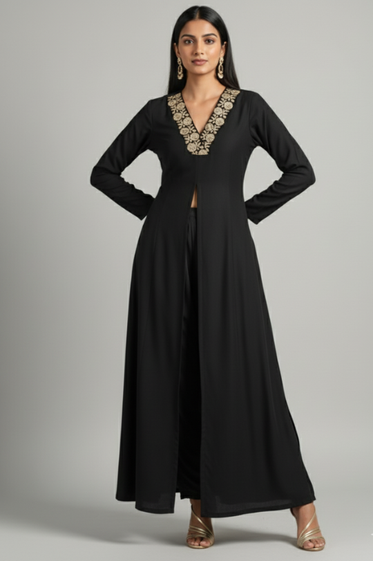 Second image of Elegant Winter Velvet Suit Set with Embroidered Neckline & Front Slit