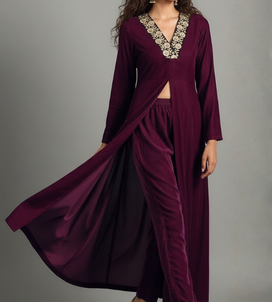 Winter Velvet Suit Set with Embroidered Neckline & Front Slit
