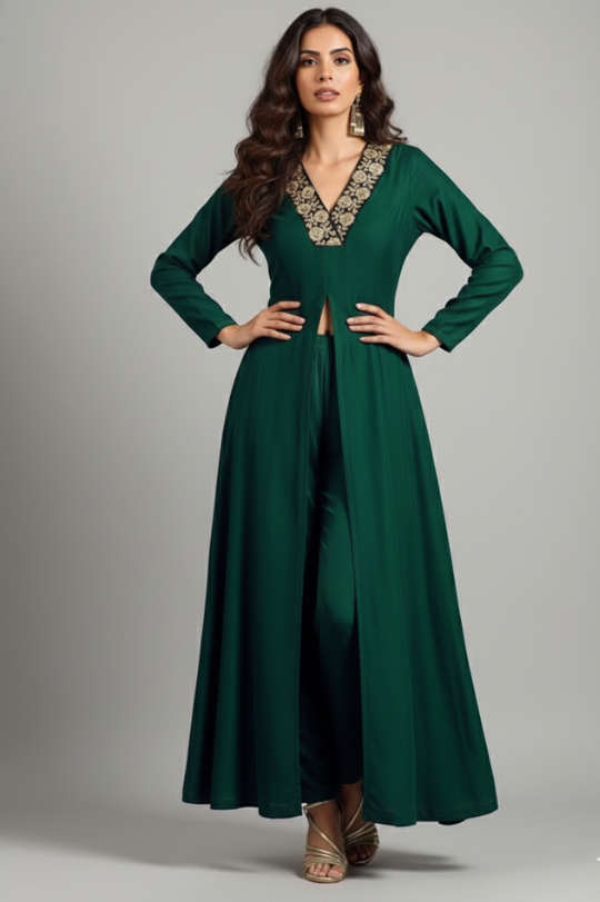 Second image of Green Winter Velvet Suit Set with Embroidered Neckline & Front Slit
