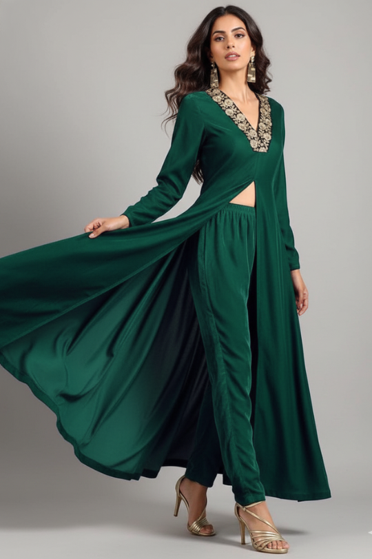 Green Winter Velvet Suit Set with Embroidered Neckline & Front Slit
