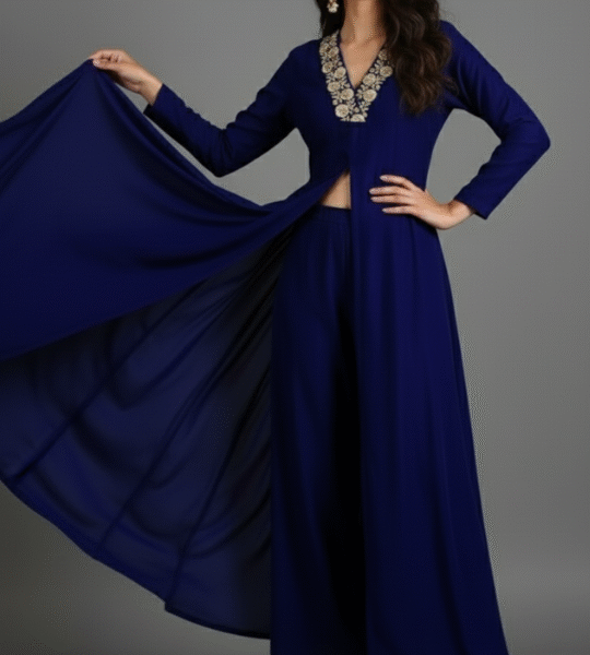 New Winter Velvet Suit Set with Embroidered Neckline & Front Slit