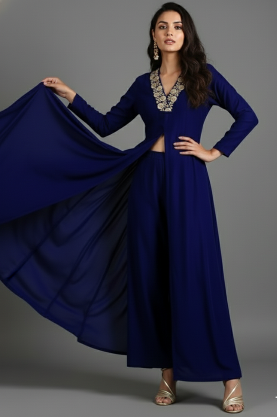 New Winter Velvet Suit Set with Embroidered Neckline & Front Slit