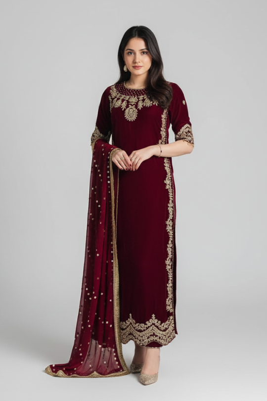 Designer Velvet Suit Set with Dupatta – Premium Winter Collection