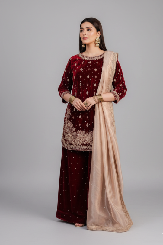 New Winter Look Top Pant Plazo Dupatta Set
