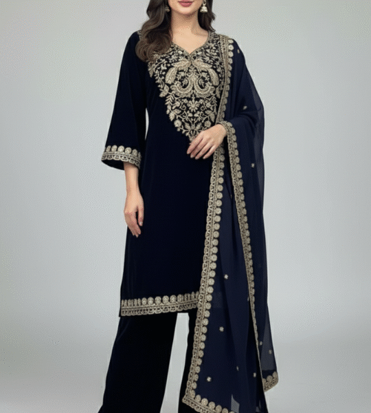 Pure Velvet Suit Set with Heavy Embroidery — Perfect for Winter