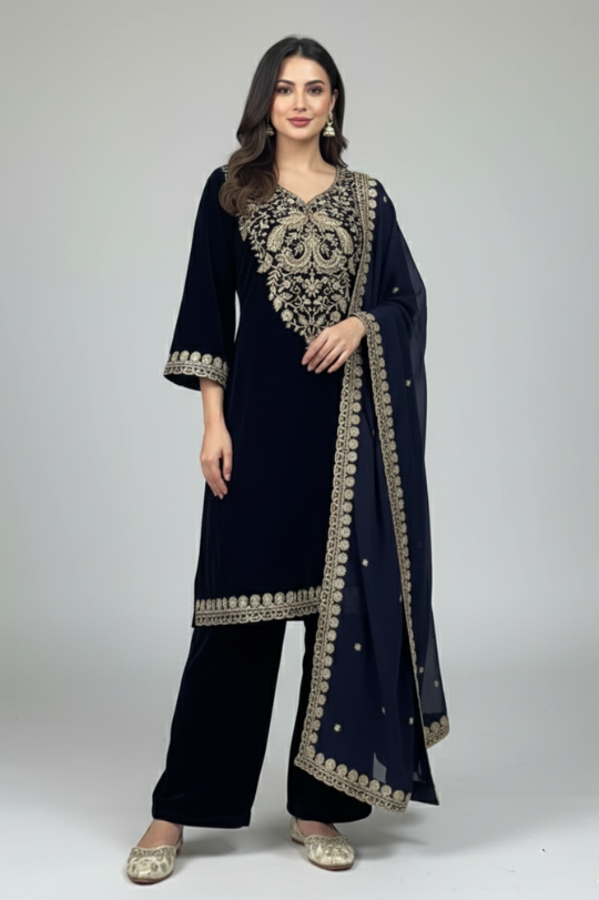 Pure Velvet Suit Set with Heavy Embroidery — Perfect for Winter
