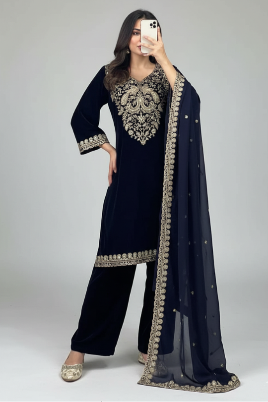 Second image of Pure Velvet Suit Set with Heavy Embroidery — Perfect for Winter