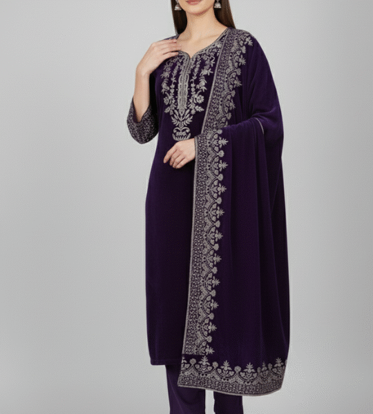 Velvet 3-Piece Suit Set with Embroidery Work Winter Collection