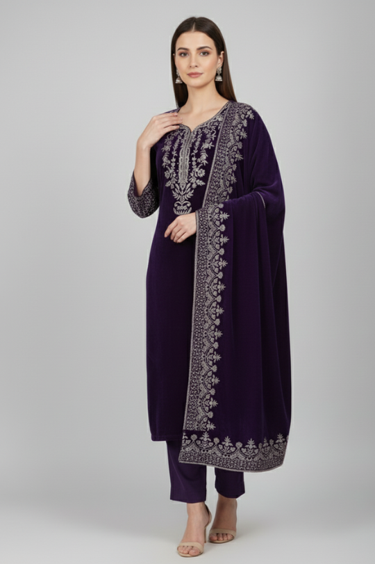 Velvet 3-Piece Suit Set with Embroidery Work Winter Collection