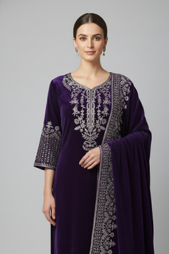 Second image of Velvet 3-Piece Suit Set with Embroidery Work Winter Collection