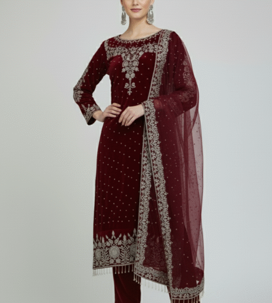 New Dark Red Top–Dupatta Bottom & Heavy Embroidery Sequence Work