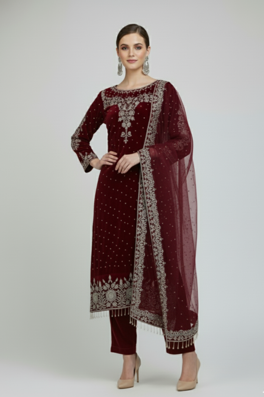 New Dark Red Top–Dupatta Bottom & Heavy Embroidery Sequence Work