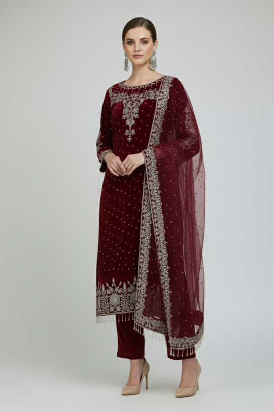Second image of New Dark Red Top–Dupatta Bottom & Heavy Embroidery Sequence Work