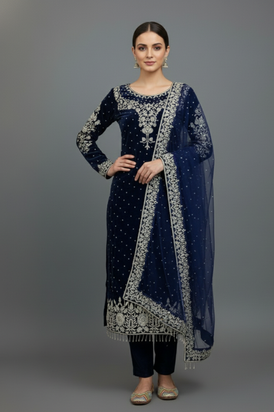 New Dark Blue Top–Dupatta Bottom & Heavy Embroidery Sequence Work