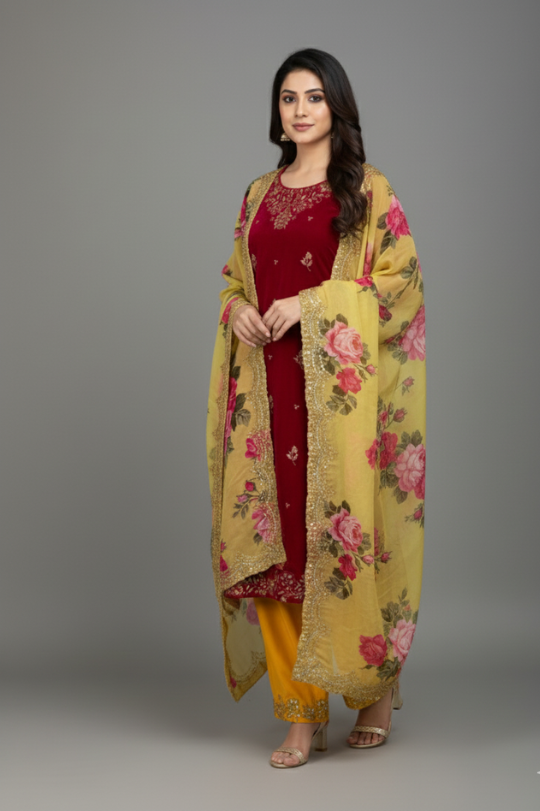 Second image of New Winter Velvet 3-Piece Kurti, Bottom & Beautiful Dupatta Set