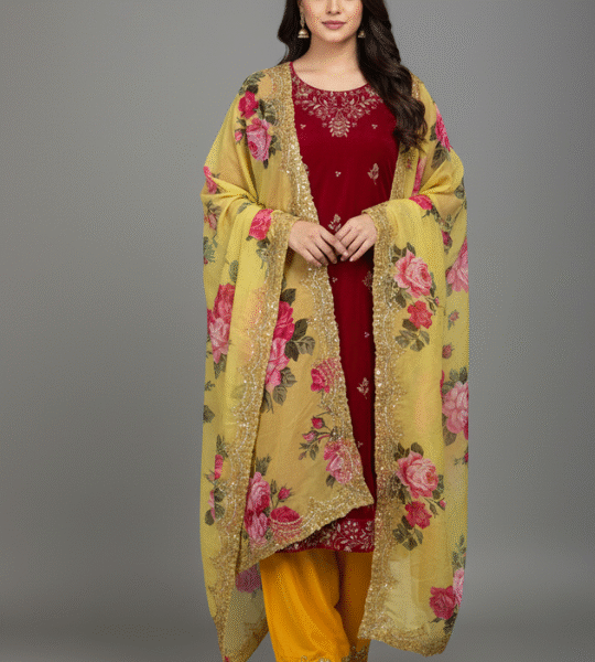 New Winter Velvet 3-Piece Kurti, Bottom & Beautiful Dupatta Set