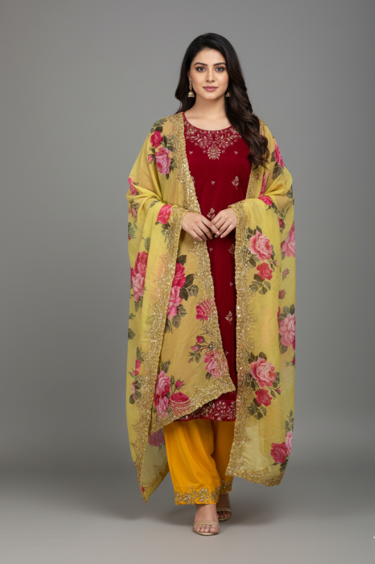 New Winter Velvet 3-Piece Kurti, Bottom & Beautiful Dupatta Set
