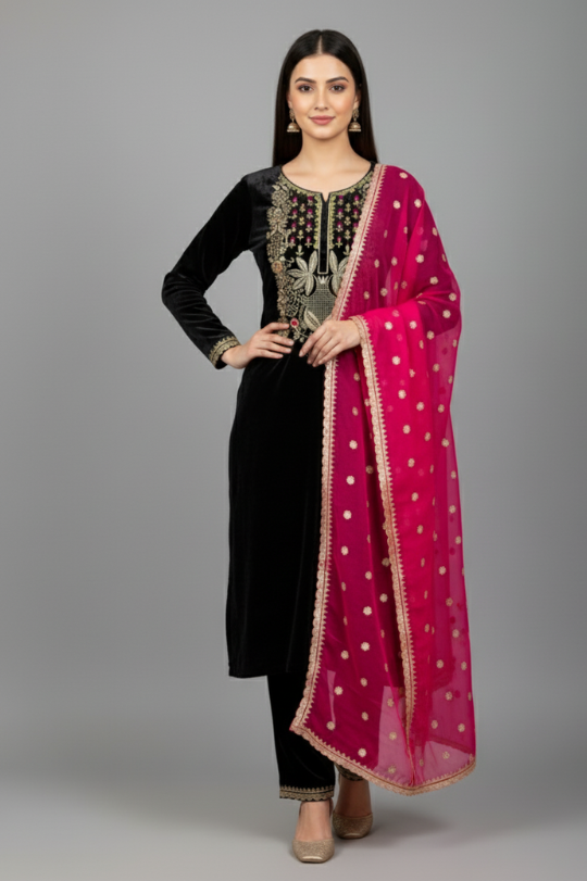Second image of Launching New Designer Velvet Top–Pant with Dupatta Set