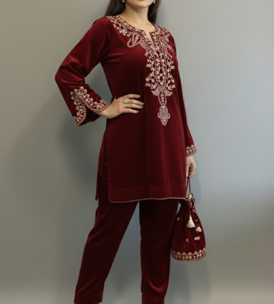 Dark Red New Party Wear Velvet Top & Bottom Set