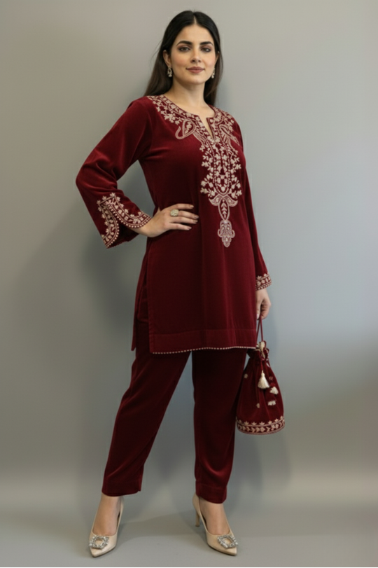Dark Red New Party Wear Velvet Top & Bottom Set