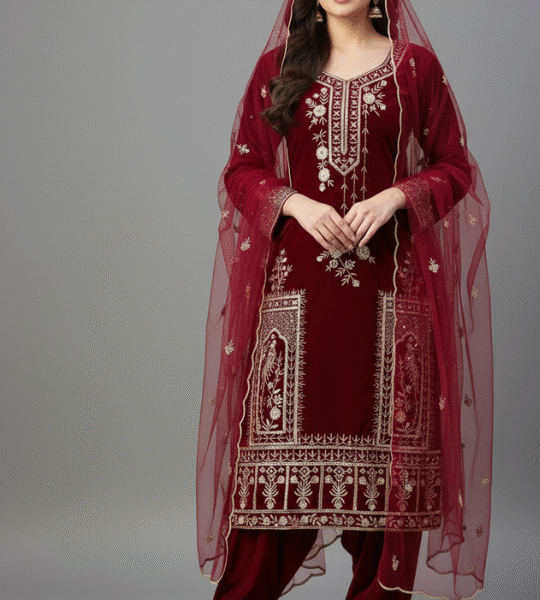 New Velvet Design Top, Dhoti-Patiyala & Dupatta Set