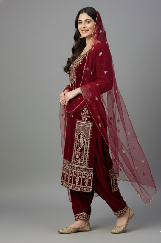 Second image of New Velvet Design Top, Dhoti-Patiyala & Dupatta Set