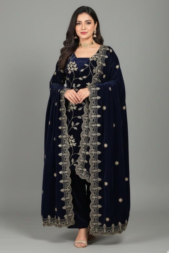 Second image of Premium Heavy Viscose Velvet With Multi-Sequence Embroidery Suit Set