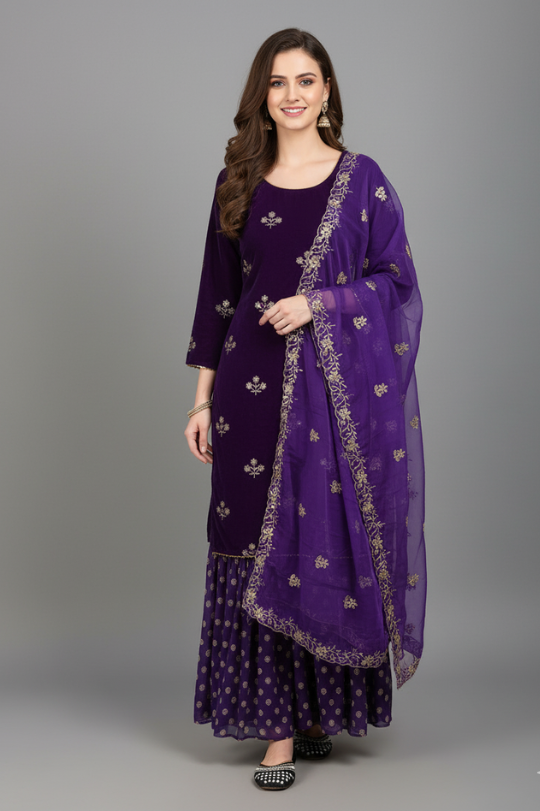 New Velvet Collection Top Sharara Dupatta Set