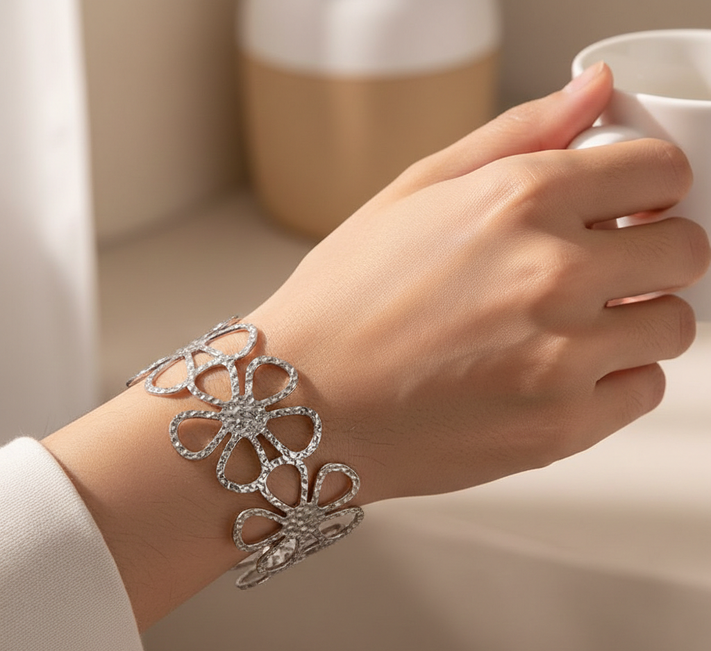 Second image of Retro Floral Silver Plated Bracelet Stainless Steel