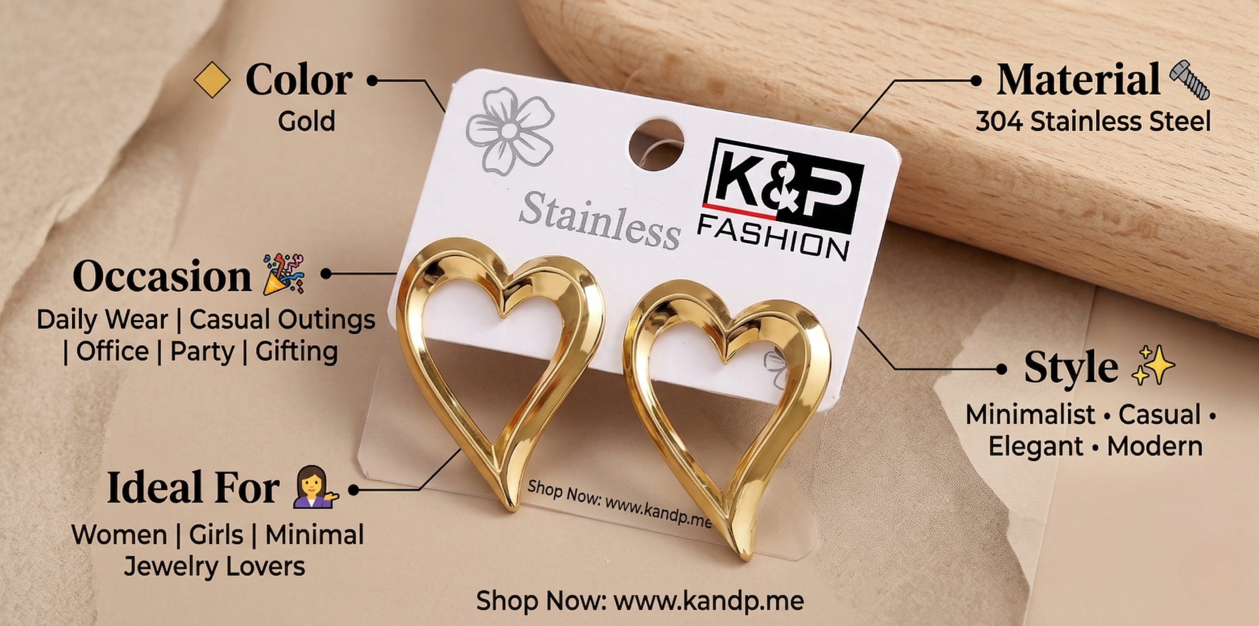 Second image of INS Style Heart Shaped Earrings Stainless Steel Gold Finish
