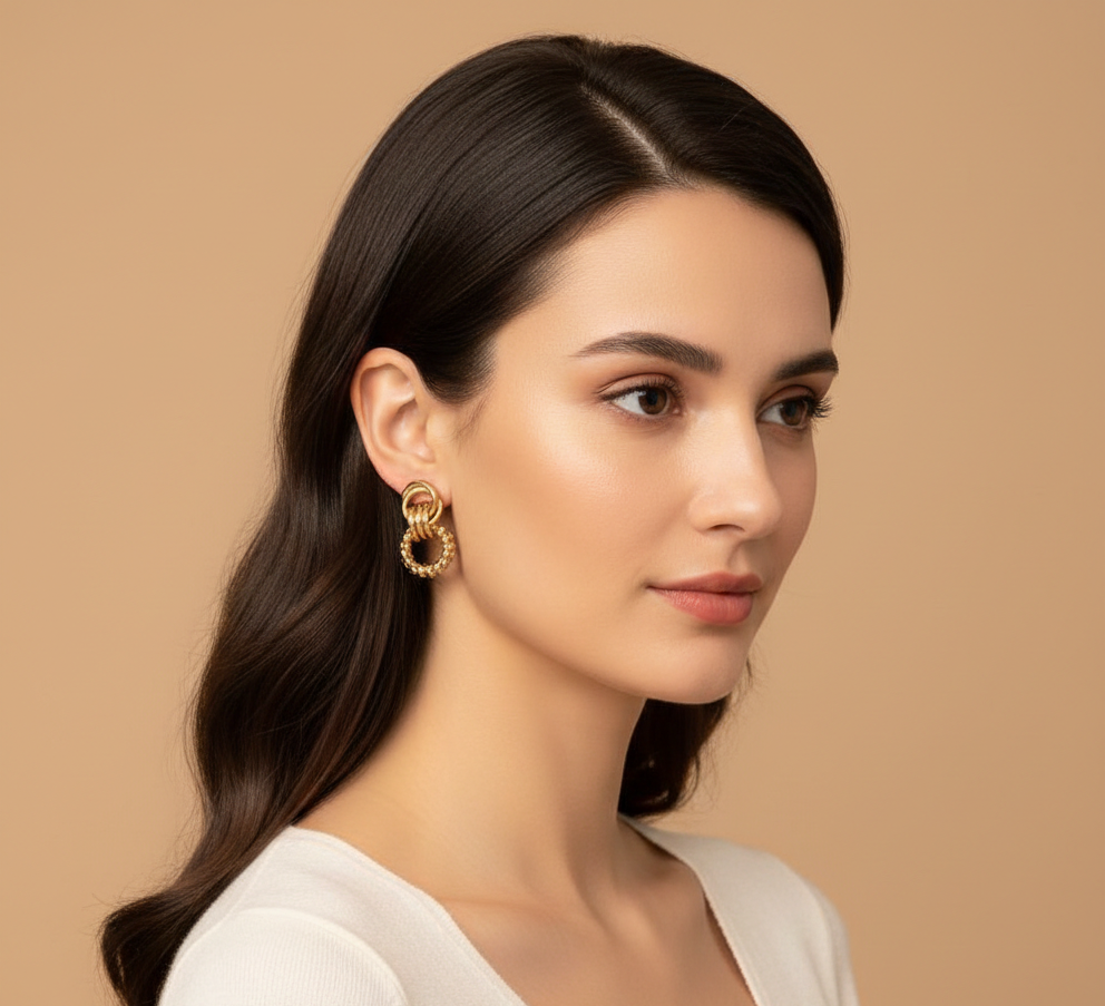 Second image of Vintage Geometric Ear Studs Titanium Steel Gold Plated